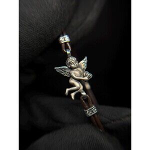 Sterling Silver Cherub Angel Heart Brown Leather Cord Bracelet 8"
